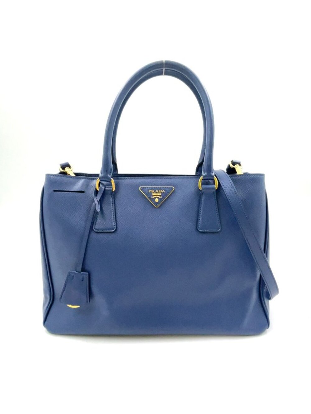 ★SOLD★ Prada Galleria 2-Way Shoulder Leather Blue Handbag Gold - Picture 1 of 15